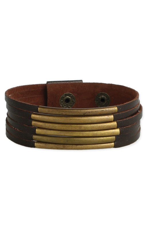 Brown Leather Gold Bars Bracelet