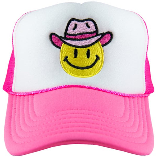 Cowboy Hat Happy Face Foam Trucker Hat Hot Pink & White