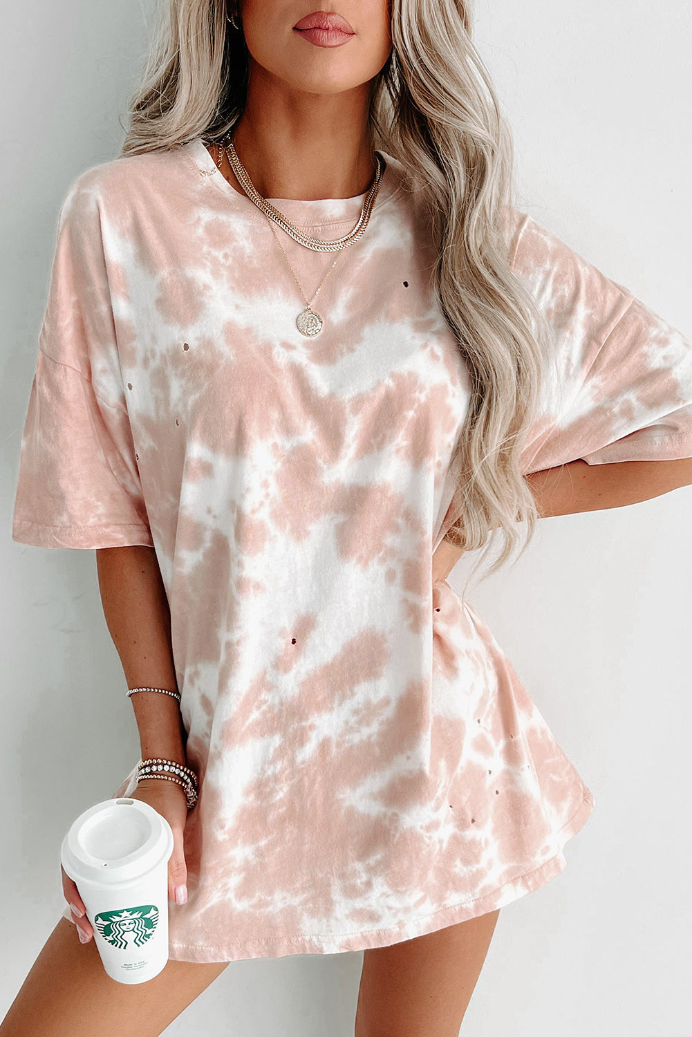 Pink Tie-dye Round Neck Short Sleeve Top