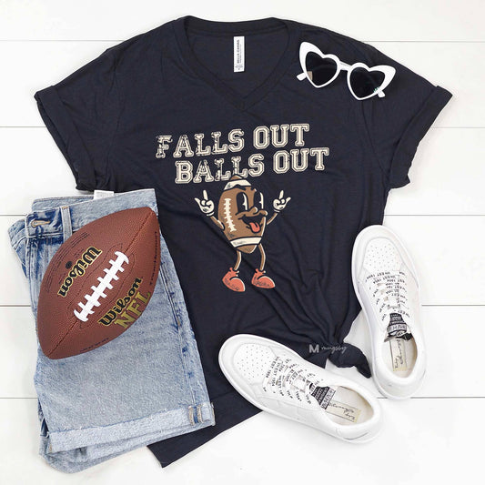 Falls Out Balls Out Football Graphic V Neck T-Shirt