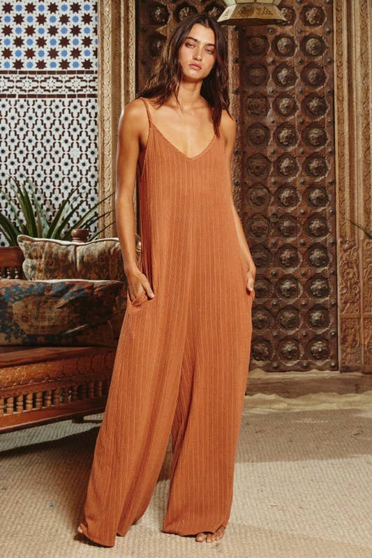 Wide Leg Solid Ribbed Knit Jumpsuit