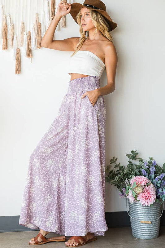 Smocked Waist Band Wide Leg Maxi Pants